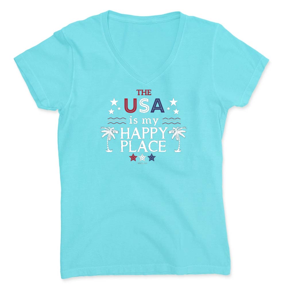 Light blue t-shirt with 'The USA is my happy place' text and graphics on a white background