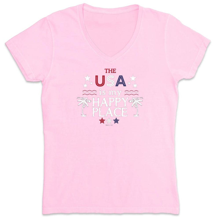 Pink t-shirt with 'The USA is my happy place' text on a white background