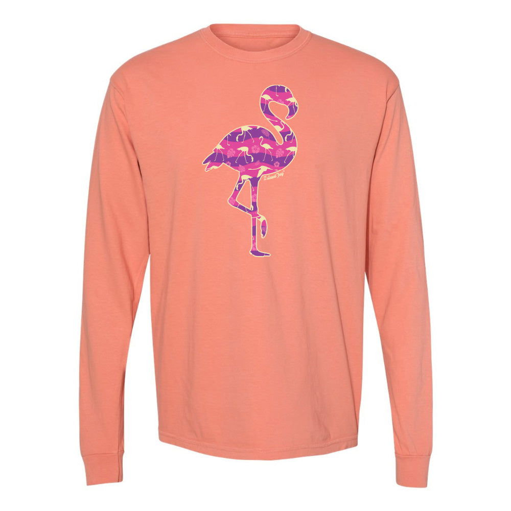 Orange long-sleeve shirt with a pink flamingo design on a white background