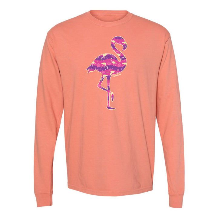 Orange long-sleeve shirt with a pink flamingo design on a white background