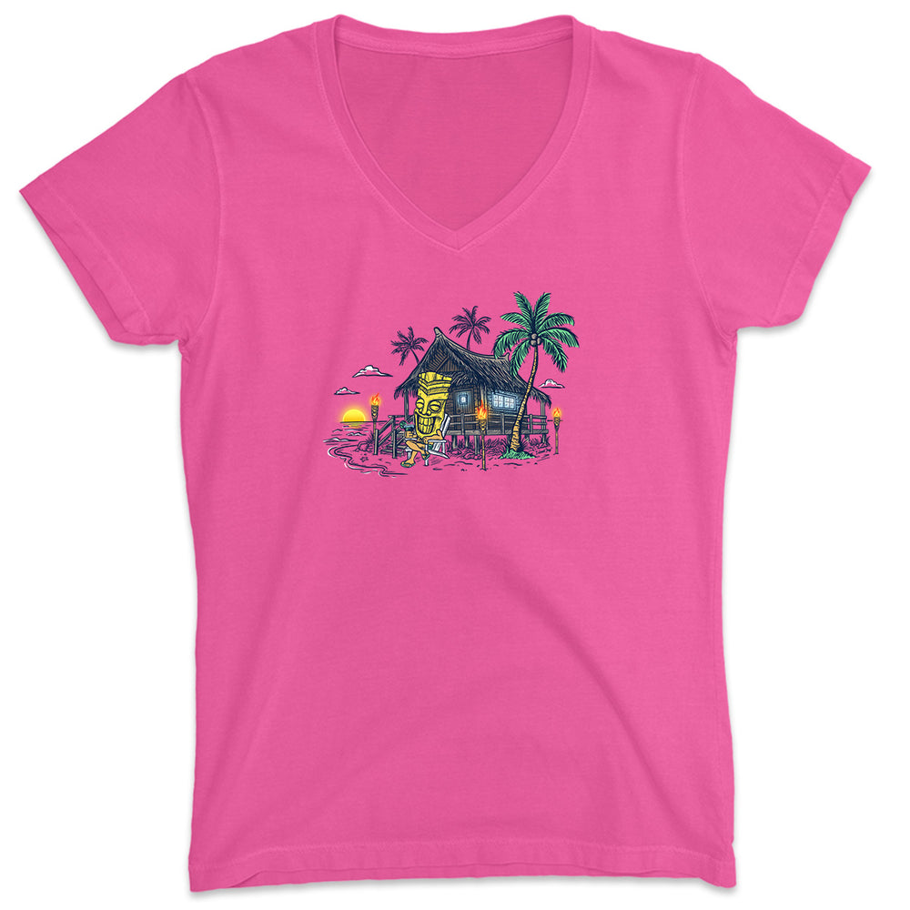 Women's Tiki's Breezy Bungalow V-Neck T-Shirt Hot Pink