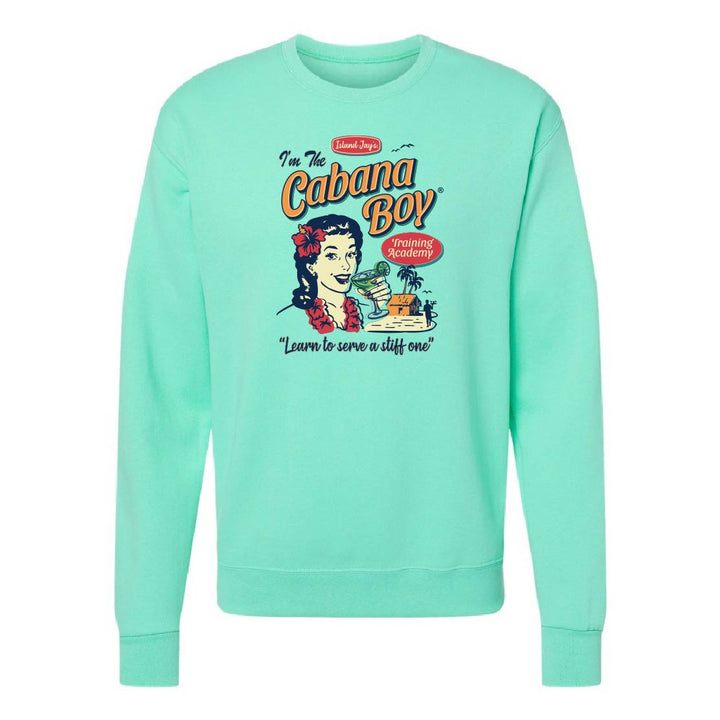Mint green sweatshirt with 'Cabana Boy' graphic design on a white background