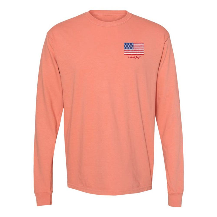 Light Orange Long sleeve T-Shirt with American Flag graphic on Top left chest.