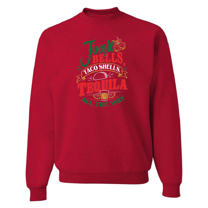Red sweatshirt with festive text design on a white background