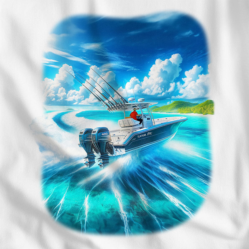 Twin 400's Boating Performance Shirt. Shows an offshore fishing boat going through the colorful ocean waters around Florida.