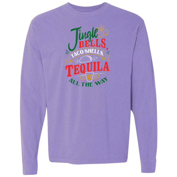 Purple long-sleeve shirt with colorful text design on a white background