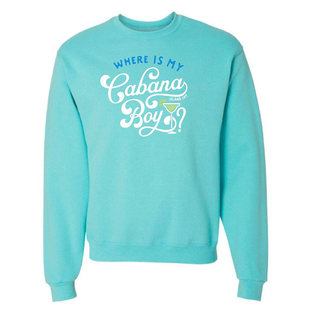 Turquoise sweatshirt with white text on a white background