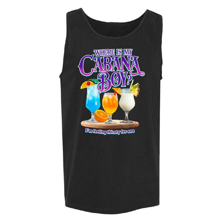 black tank top with colorful drink graphics and with "Where is My Cabana Boy-I'm feeling thirsty for one" text