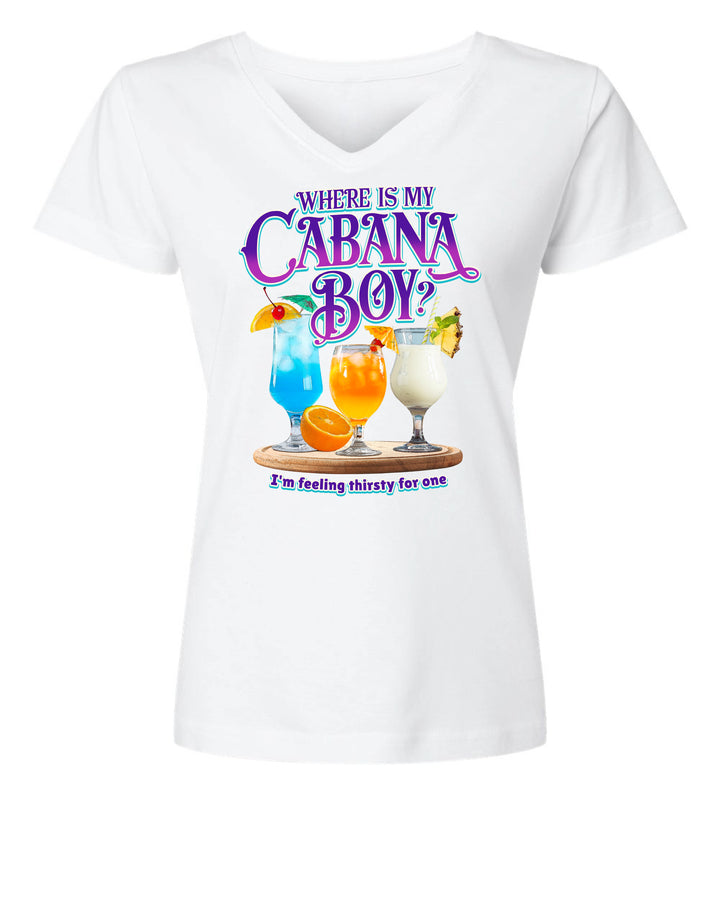 T-Shirt with Where is my Cabana Boy logo on the front with drinks