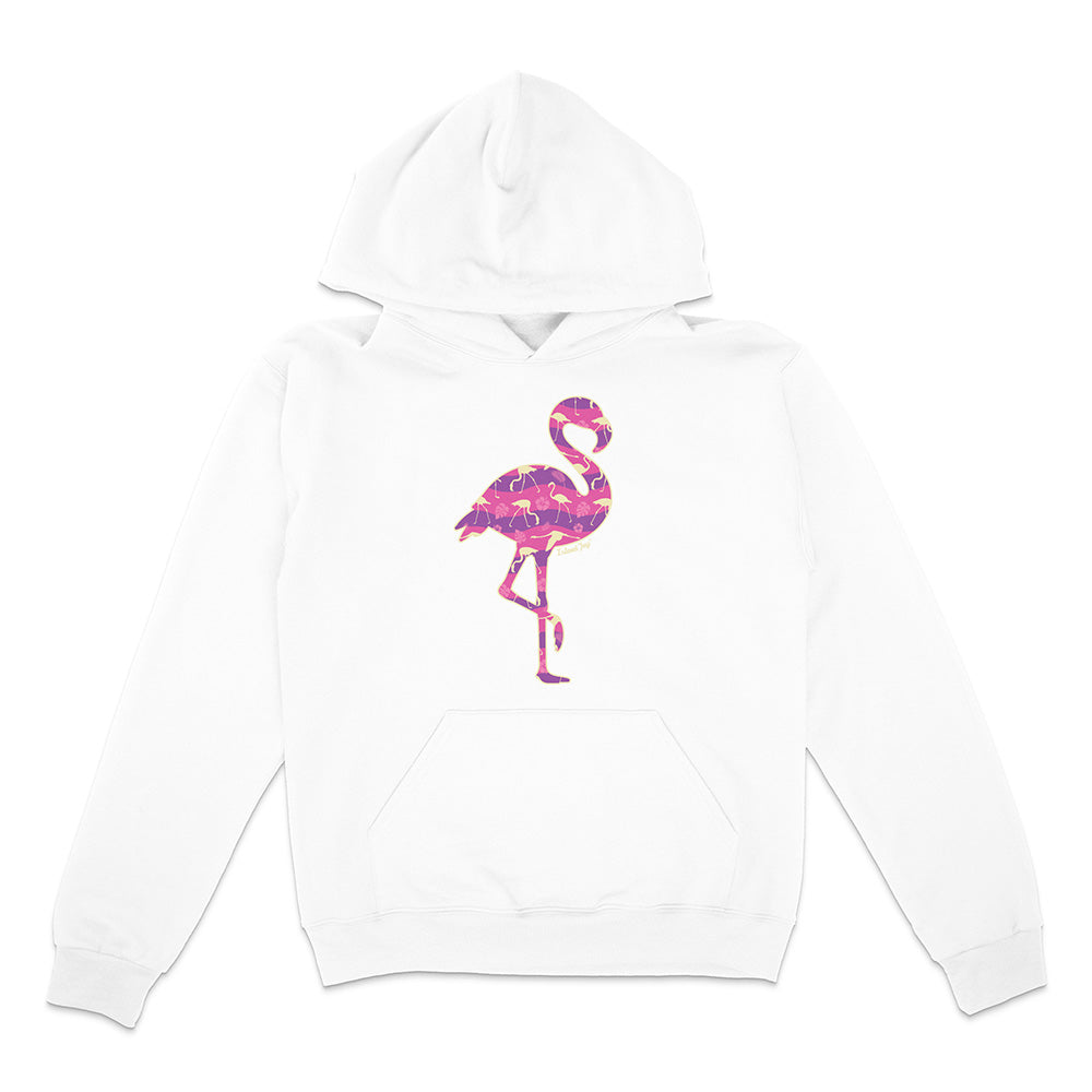 White hoodie with a colorful flamingo design on a white background.