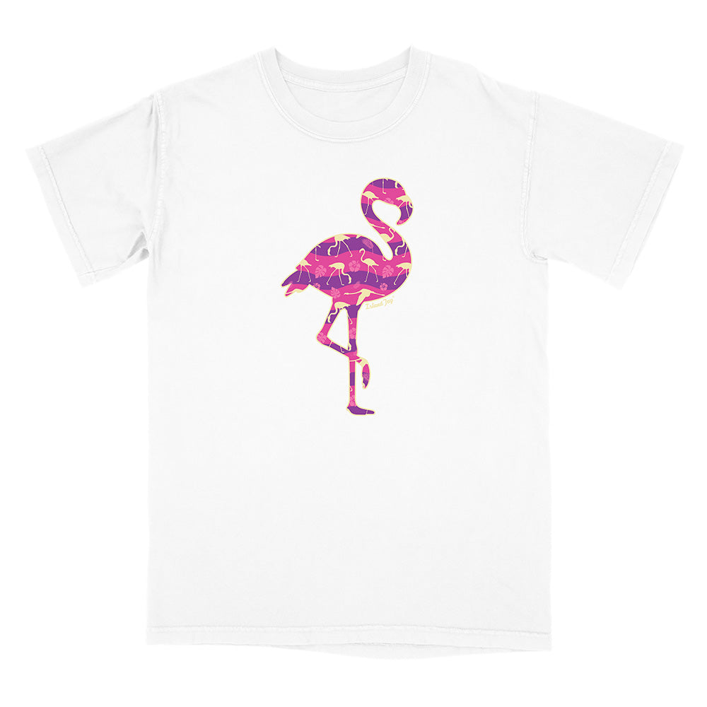 White t-shirt with a pink flamingo design on a white background.