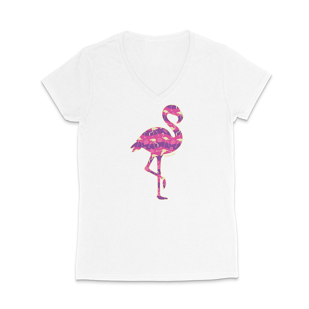 White v-neck t-shirt with a colorful flamingo design on a white background