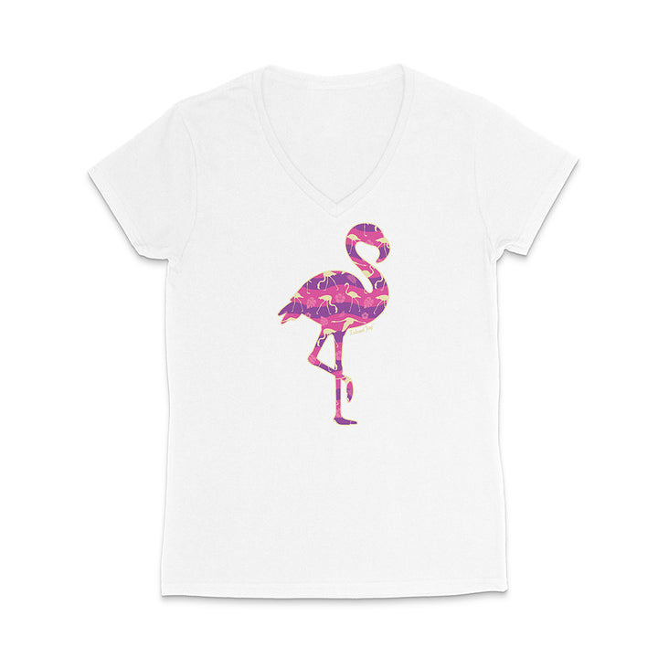 White v-neck t-shirt with a colorful flamingo design on a white background