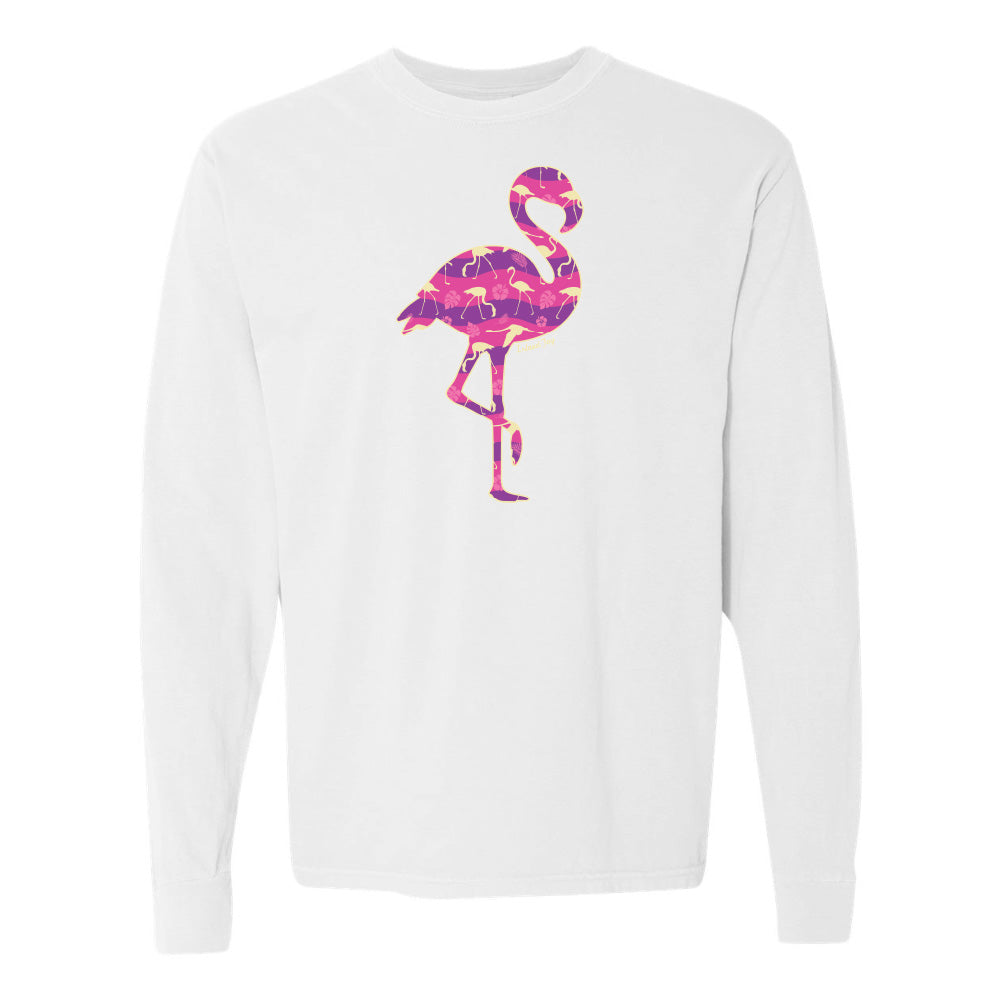 White long-sleeve shirt with a pink flamingo design on a white background
