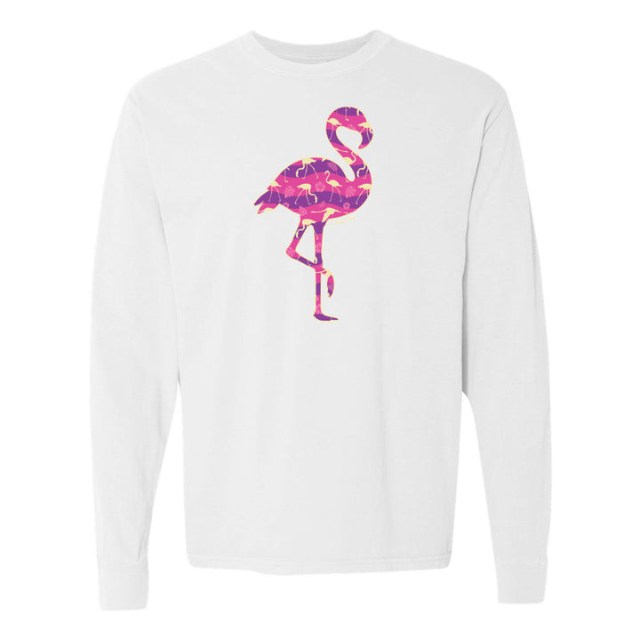 White long-sleeve shirt with a pink flamingo design on a white background