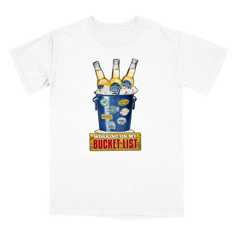 White t-shirt with a graphic of a bucket of beer and 'Working on my Bucket List' text.
