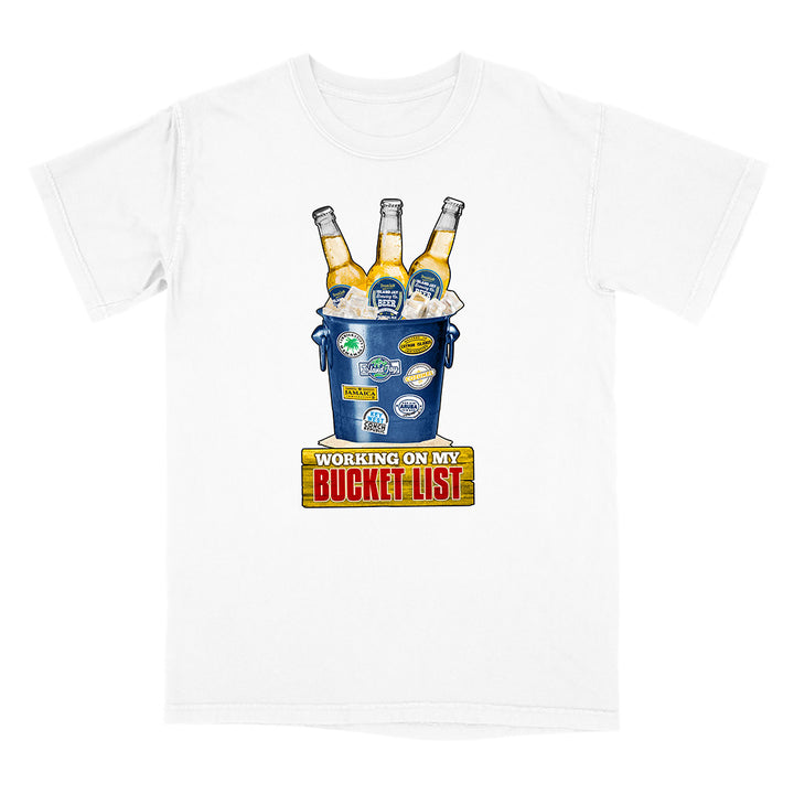 White t-shirt with a graphic of a bucket of beer and 'Working on my Bucket List' text.