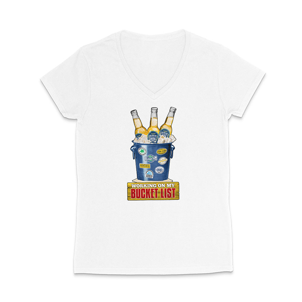 White t-shirt with a graphic of a beer bucket with graphic text reading 'Working on my Bucket List' on a white background.