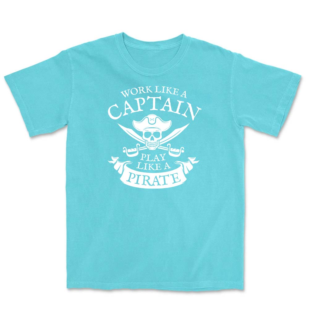Light blue t-shirt with white graphic and text on a white background
