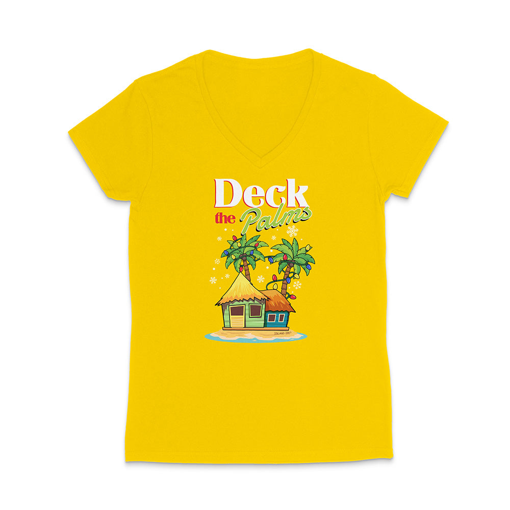 Yellow t-shirt with a tropical hut and palm trees graphic and 'Deck the Palms' text on a white background.