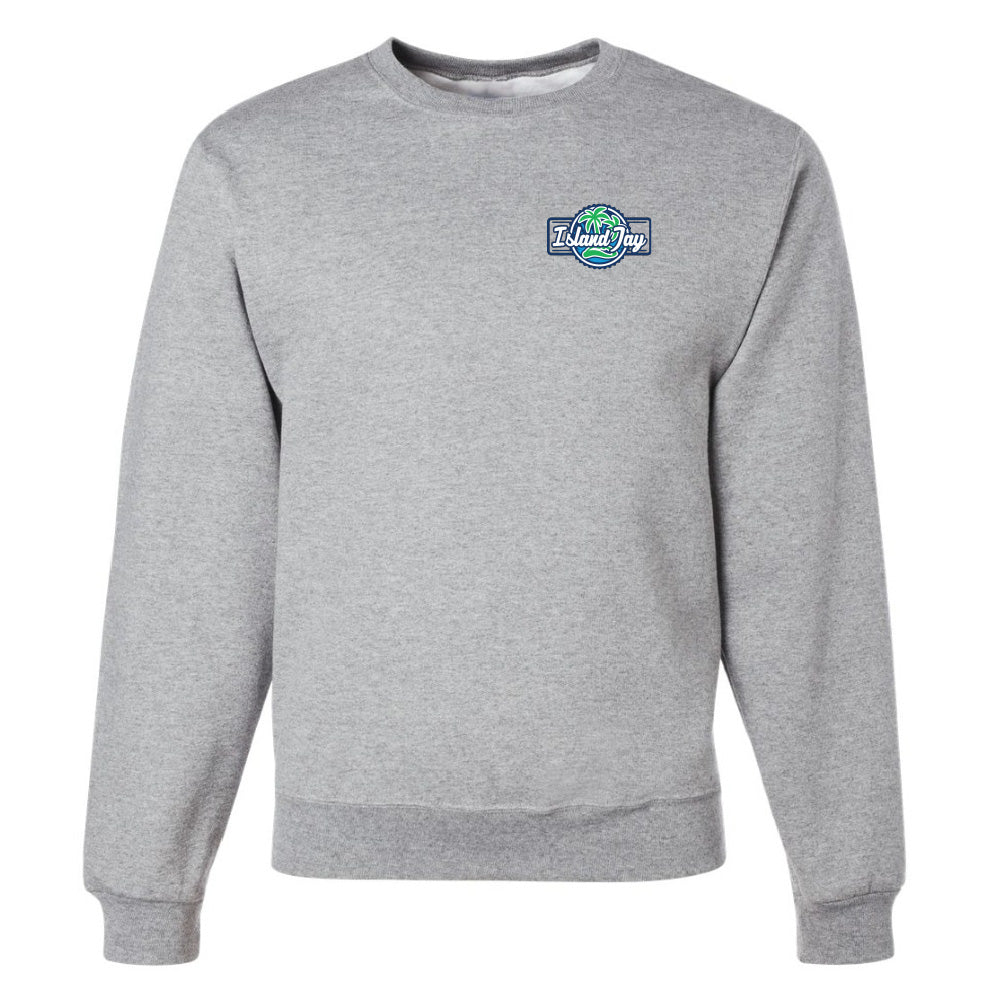 Gray sweatshirt with a logo on the chest against a white background