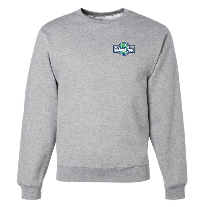 Gray sweatshirt with a logo on the chest against a white background