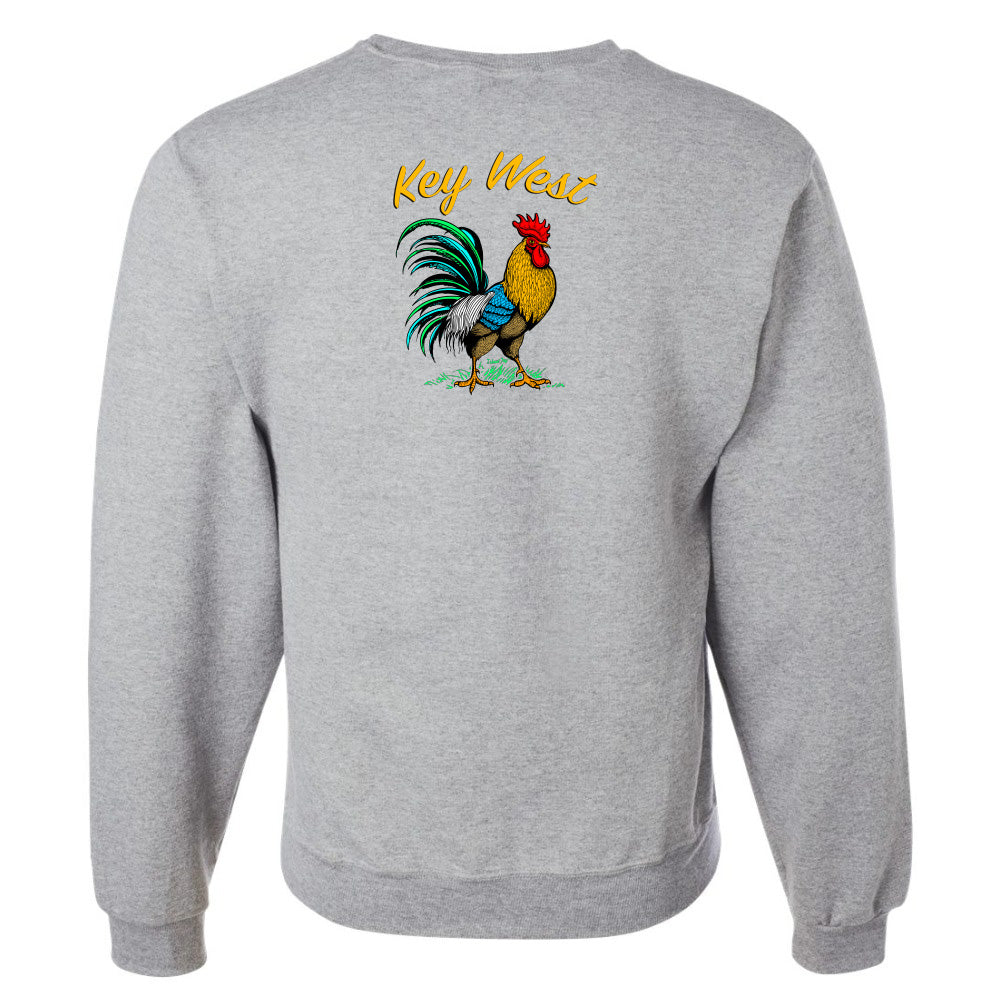 Gray sweatshirt with a rooster and 'Key West' text on the back against a white background
