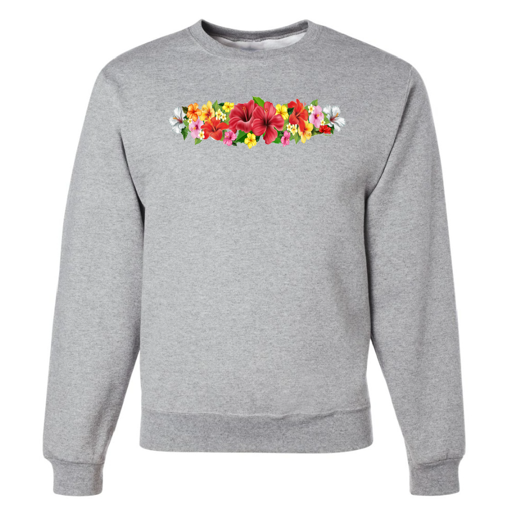 Gray sweatshirt with colorful floral design on a white background
