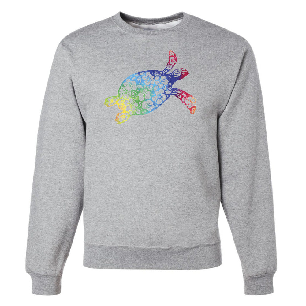 Gray sweatshirt with a colorful turtle design on a white background