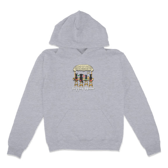 Gray hoodie with a tropical hut design and 'Yappy Hour' text on a white background