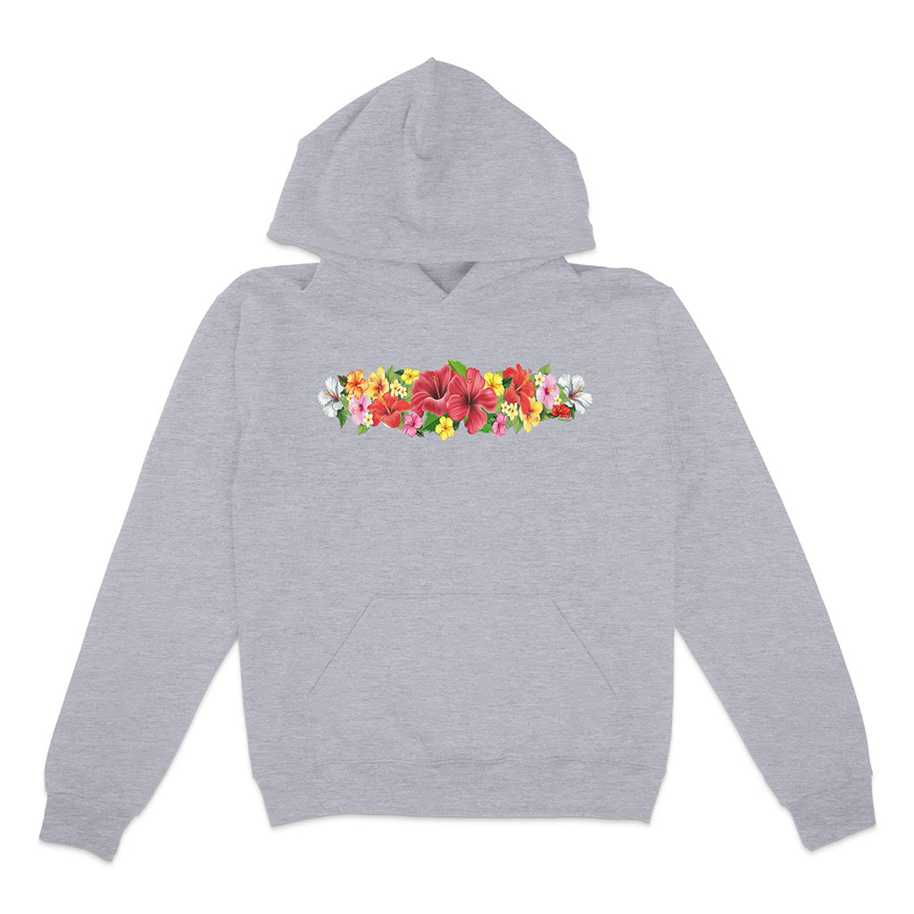 Gray hoodie with a colorful floral design on a white background