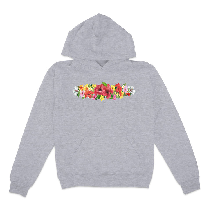 Gray hoodie with a colorful floral design on a white background