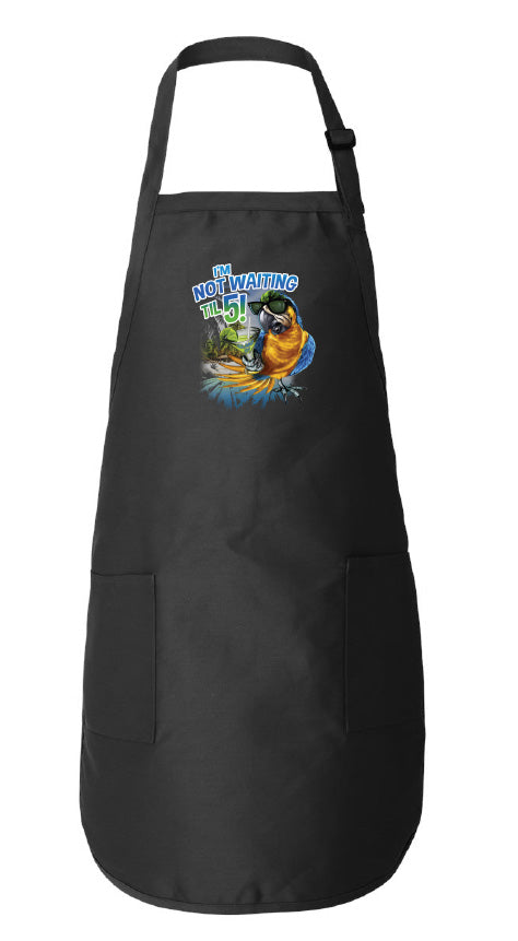 Black apron with a colorful parrot graphic and text on a white background