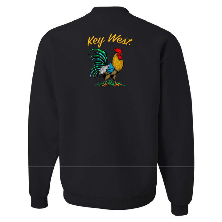 Black sweatshirt with a colorful rooster illustration and 'Key West' text on the back.