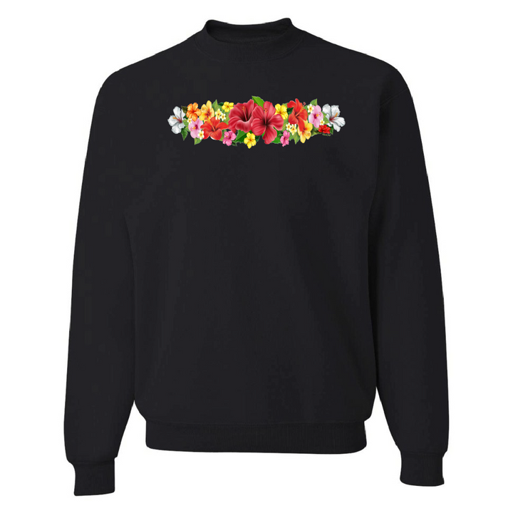 Black sweatshirt with colorful floral design on a white background