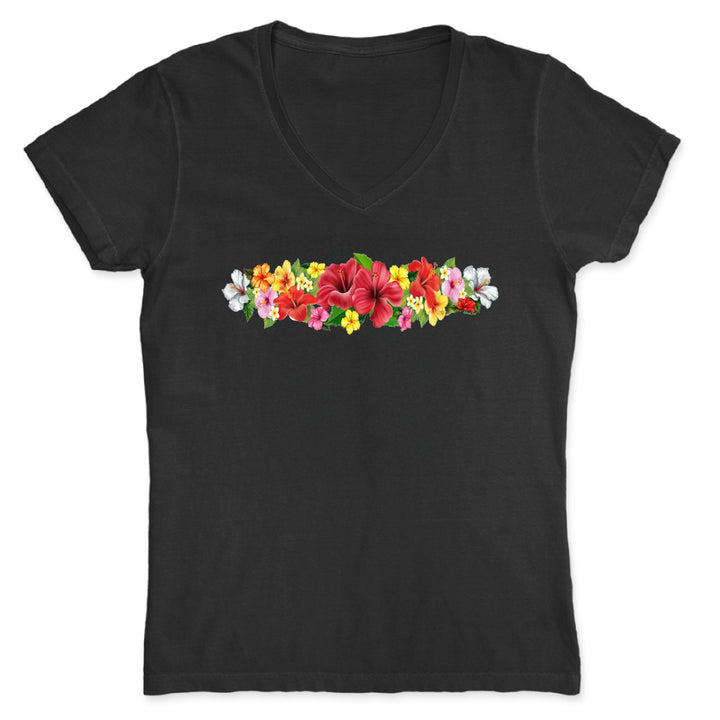Black t-shirt with colorful floral design on a white background