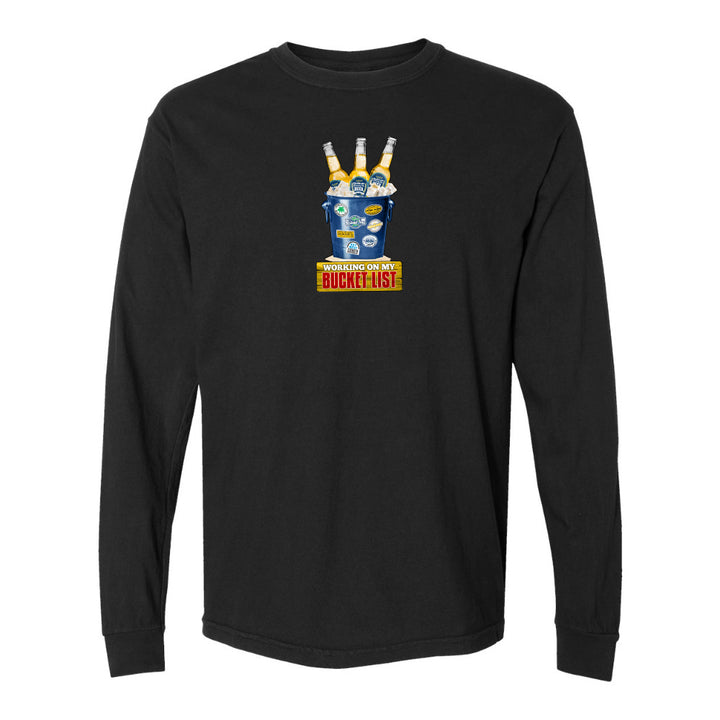 Black long-sleeve shirt with a graphic design on a white background