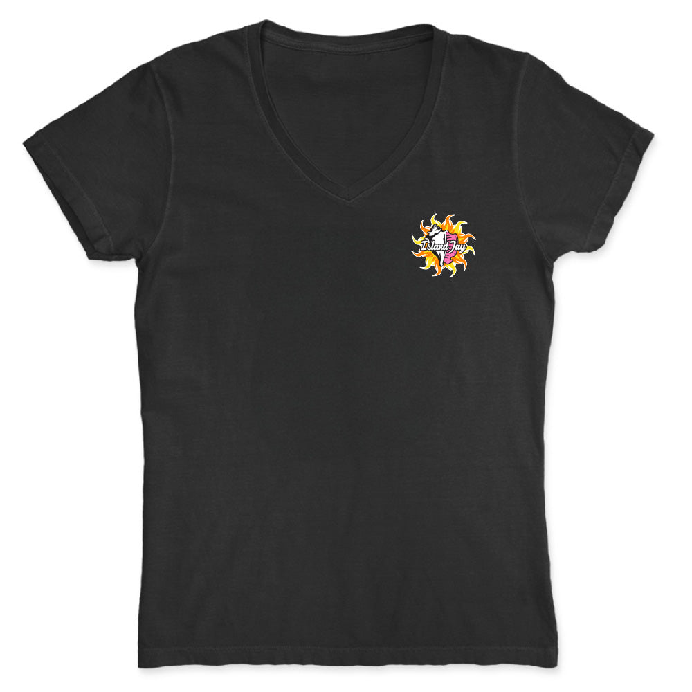 Black t-shirt with a colorful graphic on the chest