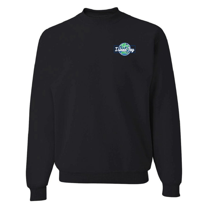 Black sweatshirt with a logo on the chest against a white background