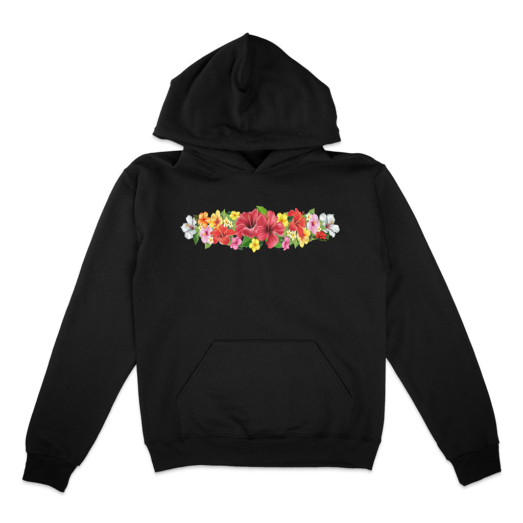 Black hoodie with colorful floral design on a white background