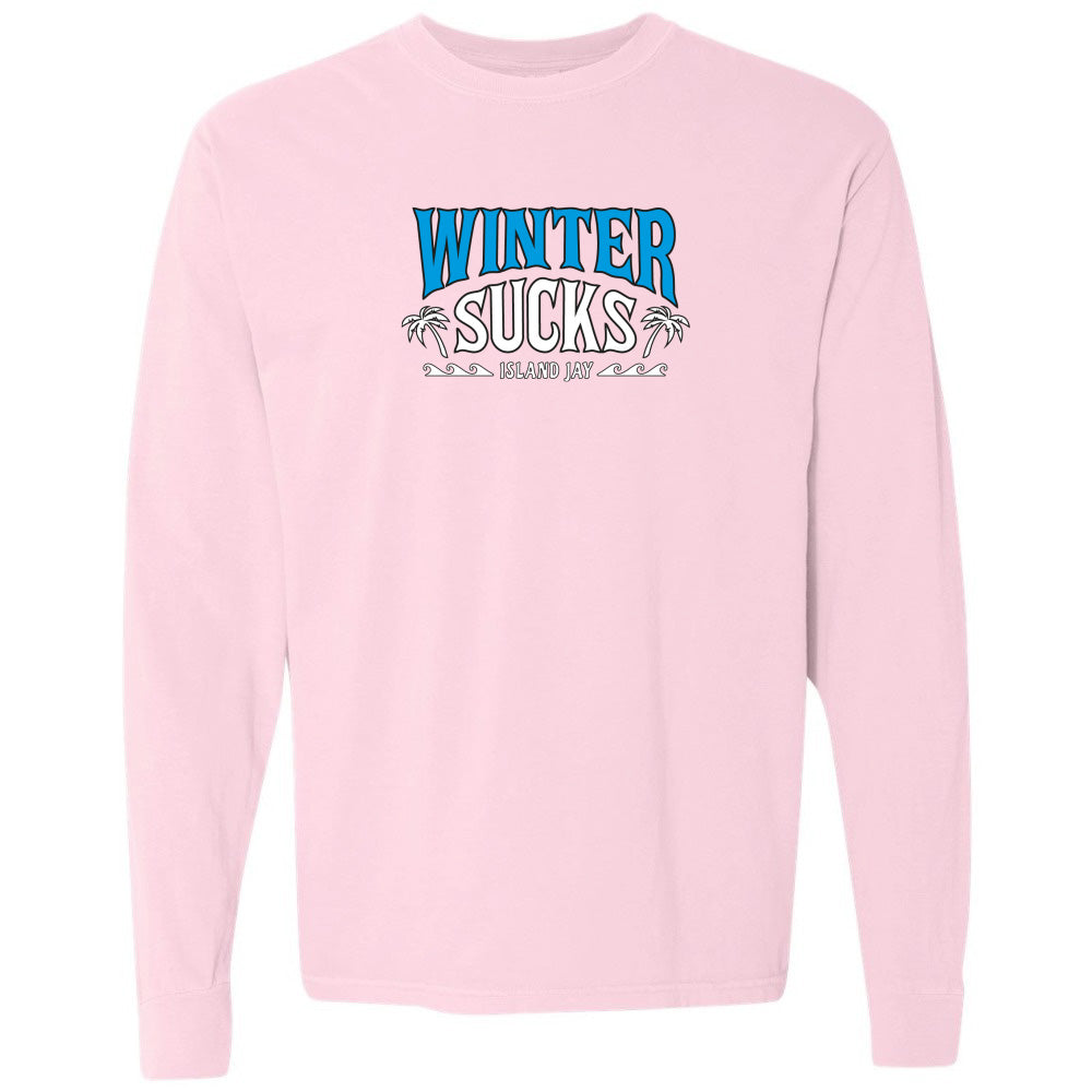 Pink sweatshirt with 'Winter Sucks' text on a white background