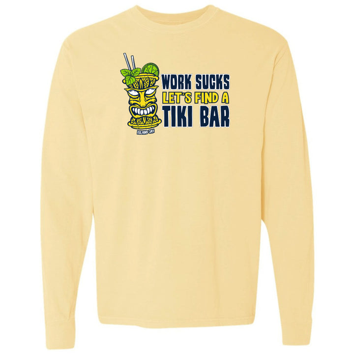 Yellow long-sleeve shirt with a tiki bar graphic and text on a white background