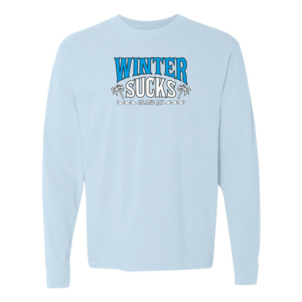 Light blue sweatshirt with 'Winter Sucks' text on a white background