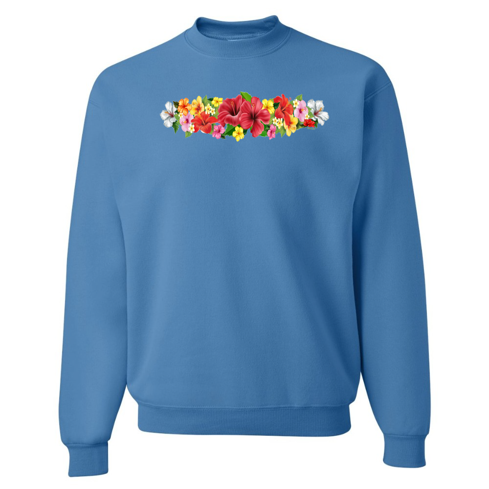 Blue sweatshirt with a colorful floral design on a white background