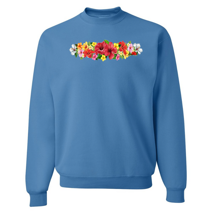 Blue sweatshirt with a colorful floral design on a white background