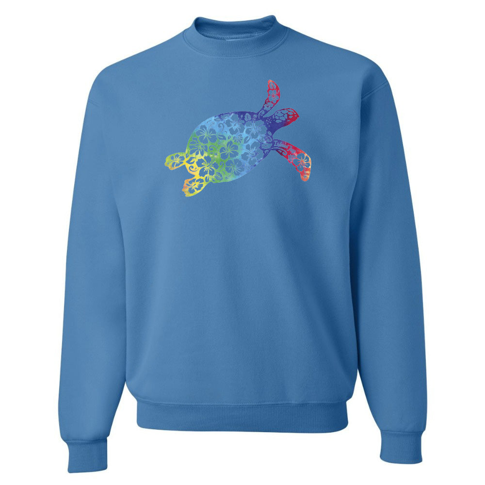 Blue sweatshirt with a colorful turtle design on a white background