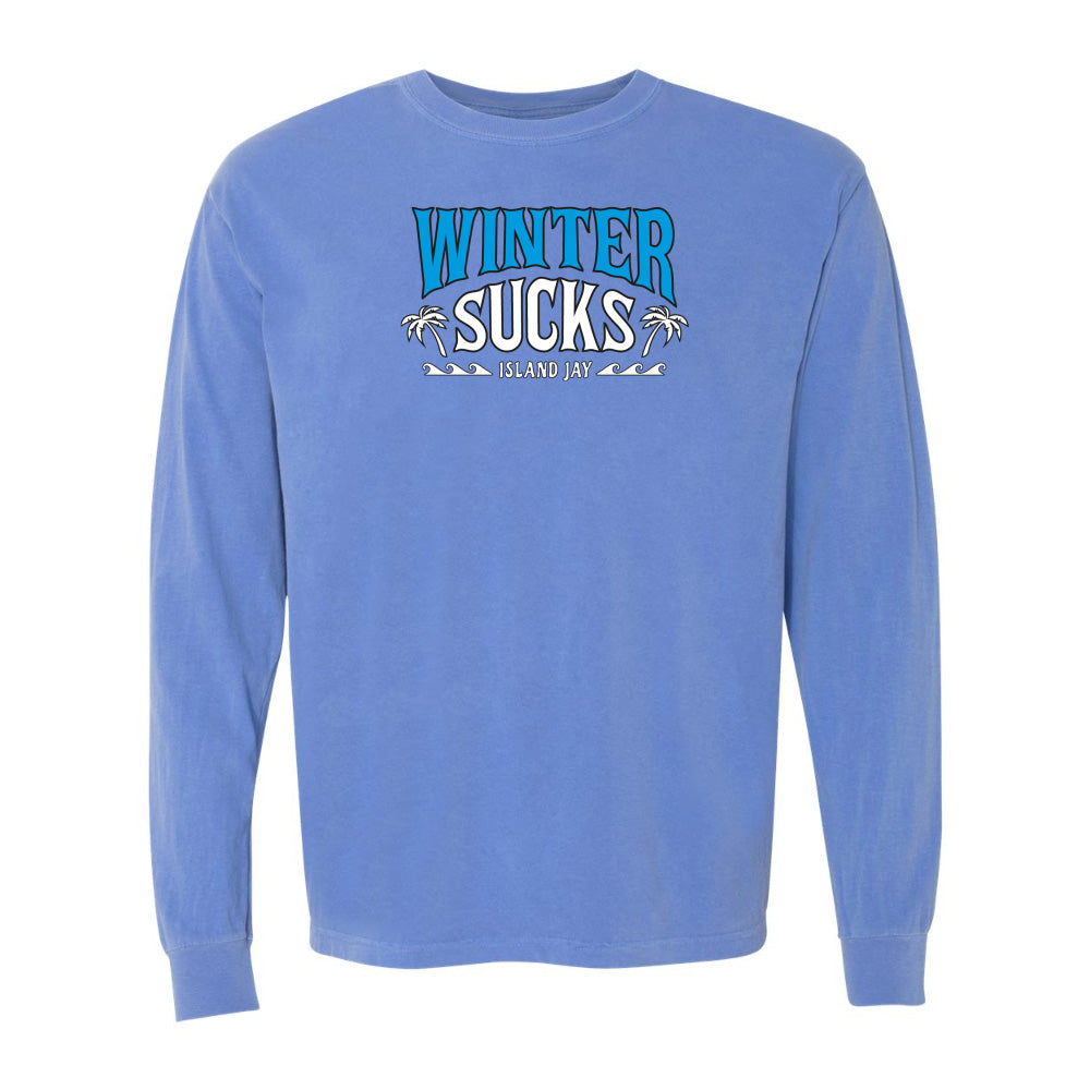 Blue long-sleeve shirt with 'Winter Sucks' text on a white background