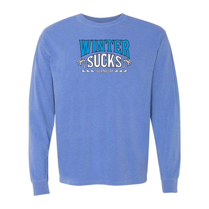 Blue long-sleeve shirt with 'Winter Sucks' text on a white background