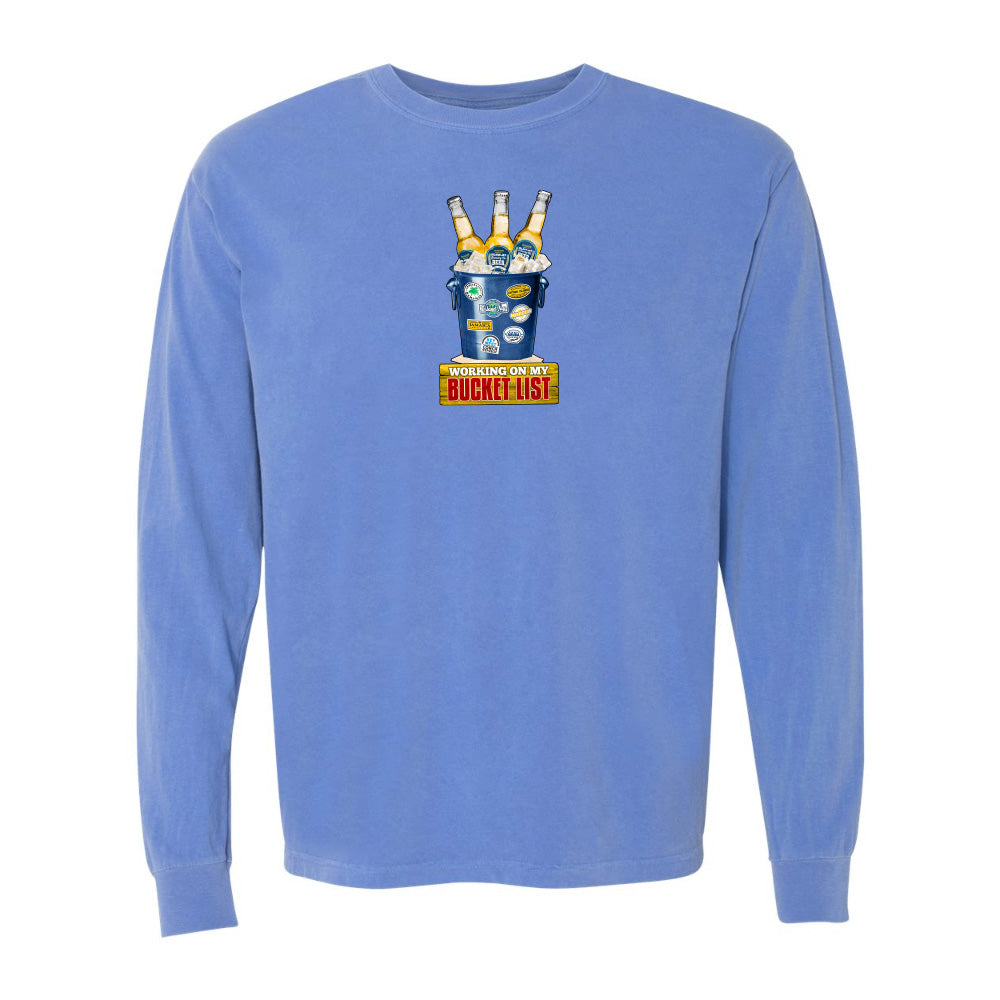 Blue long-sleeve shirt with a graphic design on a white background