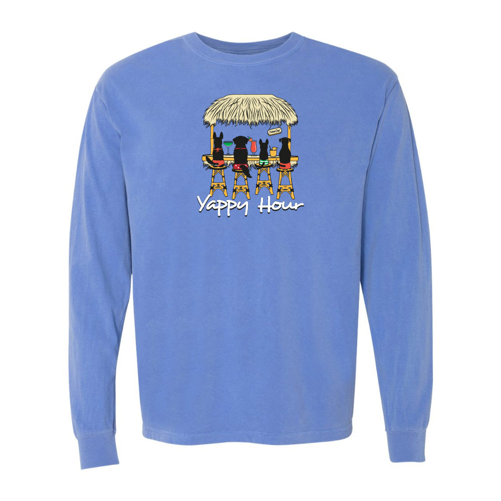 Blue long-sleeve shirt with a graphic of dogs at a tiki bar and 'Yappy Hour' text on a white background.